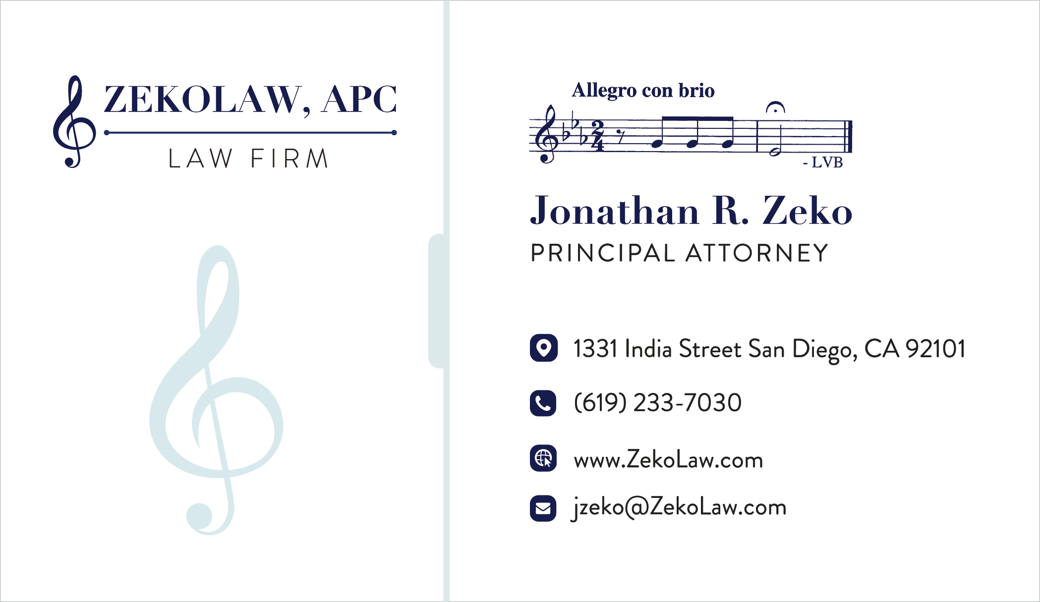 Business card for ZekoLaw, APC Law Firm featuring a treble clef, musical notes, and contact details for Jonathan R. Zeko, Principal Attorney, including address, phone, website, and email.